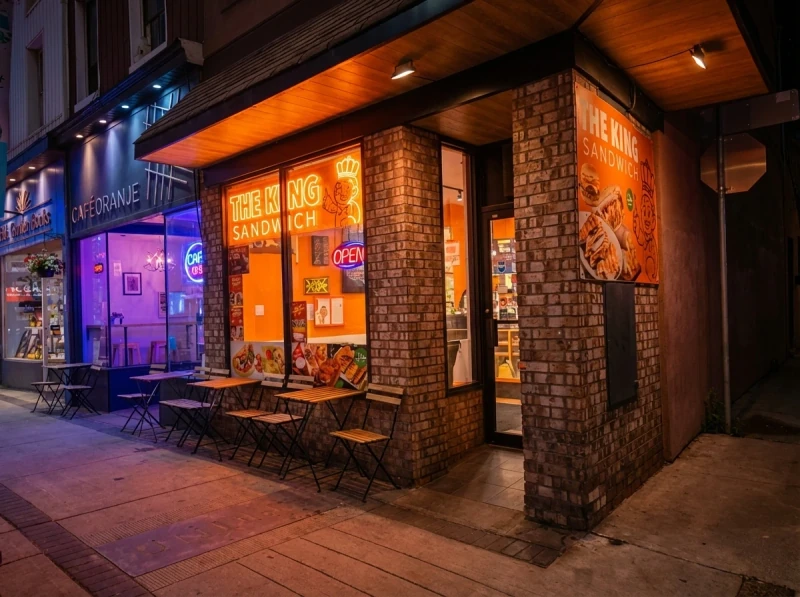 The King Sandwich restaurant storefront at night